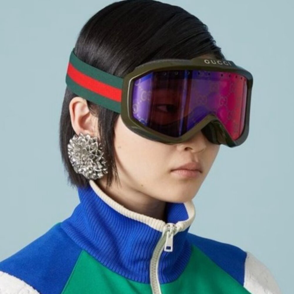 NEW GUCCI Mirrored Ski Mask Goggles SHINY SOLID DARK GREEN with logo unisex - Picture 6 of 9